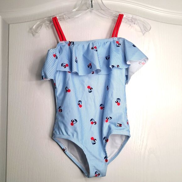 Seersucker Stripe and Cherry Print Off Shoulder Swimsuit Girls - Picture 1 of 4